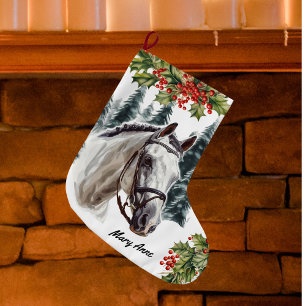 Grande Chaussette De Noël Cheval gris personnalisé Prise en charge de Noël