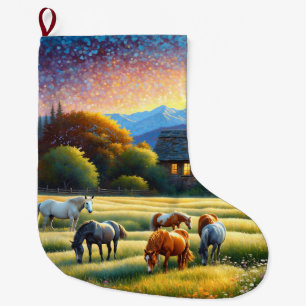 Grande Chaussette De Noël Chevaux dans la prairie de fleurs sauvages de la f