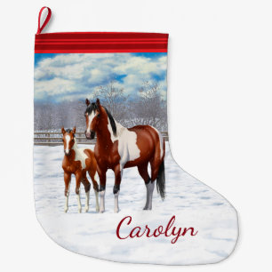 Grande Chaussette De Noël Chevaux De Peinture De Baie Pinto En Neige D'Hiver