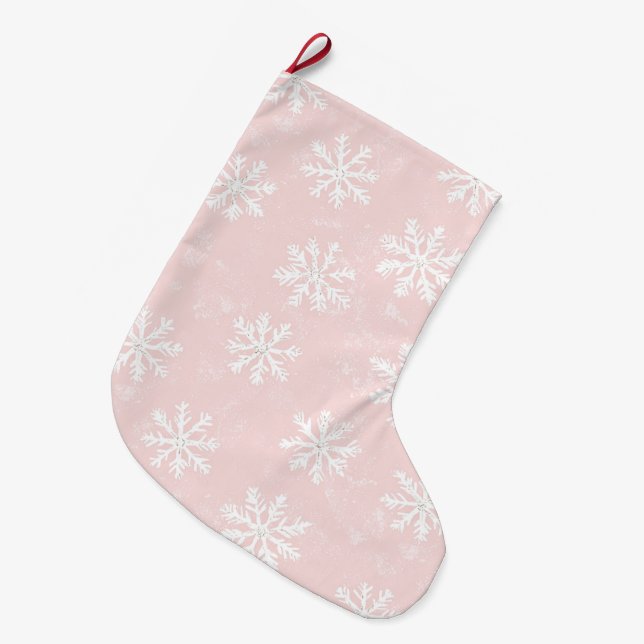 Grande Chaussette De Noël Chic Blush Pink White Snowflakes (Devant (Accrochage))