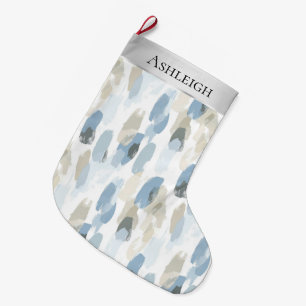 Grande Chaussette De Noël Chic Crème Argent Bleu Blanc Abstrait Noël