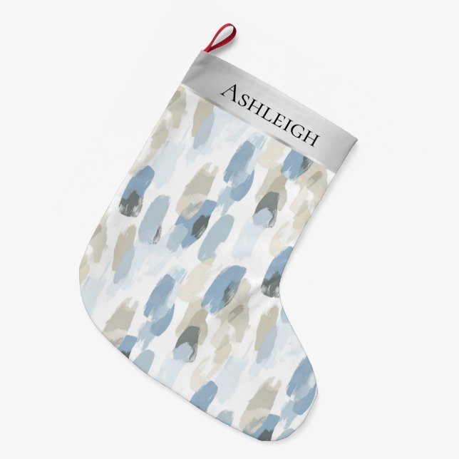 Grande Chaussette De Noël Chic Crème Argent Bleu Blanc Abstrait Noël (Devant (Accrochage))