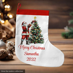 Grande Chaussette De Noël Chic Festif Père Noël Rouge Blanc Rustique Fêtes