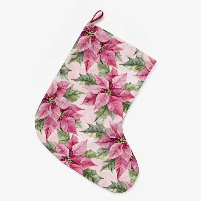 Grande Chaussette De Noël Chic rose Poinsettia Fleurs Noël (Devant (Accrochage))