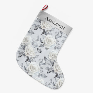 Grande Chaussette De Noël Chic Silver Roses Blanches Fleur Noël