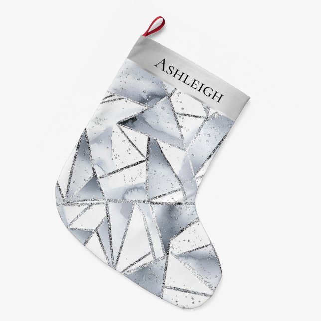 Grande Chaussette De Noël Chic Silver White Triangles Sparkel Noël (Devant (Accrochage))
