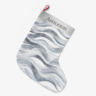 Grande Chaussette De Noël Chic Silver White Wavy Stripes Noël