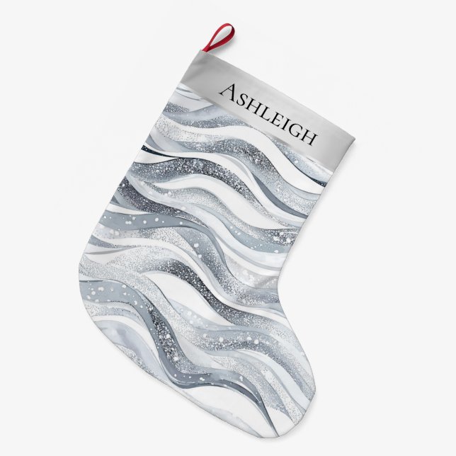Grande Chaussette De Noël Chic Silver White Wavy Stripes Noël (Devant (Accrochage))