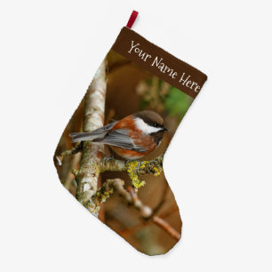 Grande Chaussette De Noël Chickadee Songbird, mignonne à dos de châtaignier