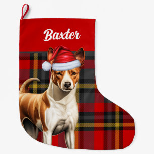 Grande Chaussette De Noël Chien Basenji rouge et vert plaid avec nom