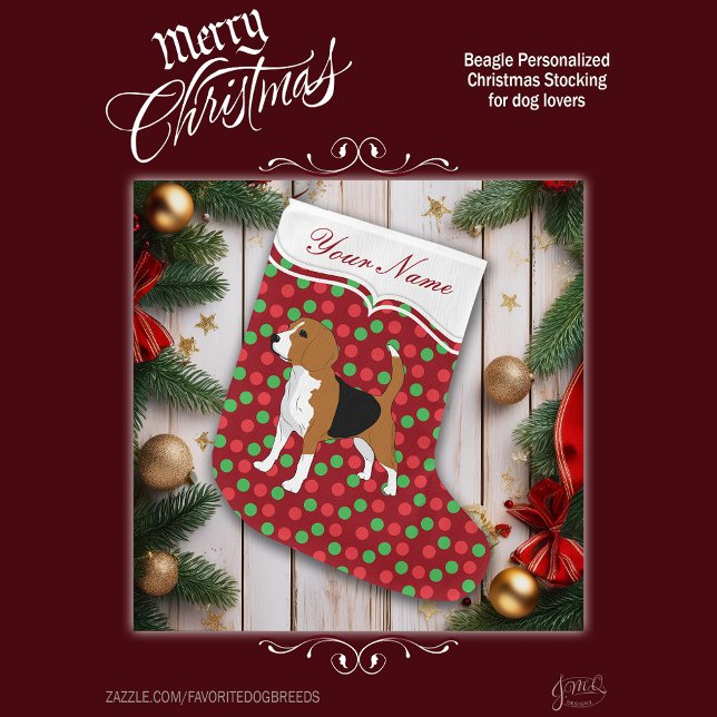 Grande Chaussette De Noël Chien beagle Points rouges de Noël Personnalisé (Personalize this stocking with a name to make a great addition to your holiday decor.)