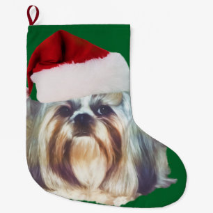Grande Chaussette De Noël Chien Brindle et blanc de Shih Tzu