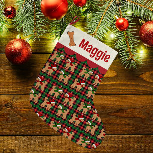 Grande Chaussette De Noël Chien de Doodle personnalisé Rouge Vert Tan Plaid