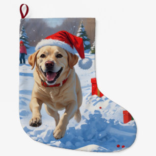Grande Chaussette De Noël Chien Labrador courant dans la neige avec un chape
