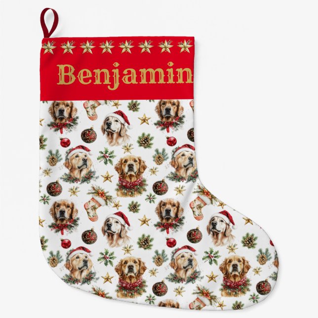 Grande Chaussette De Noël Chien retrieur d'or personnalisé Noël Stocki (Devant)