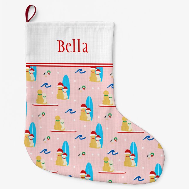 Grande Chaussette De Noël Chiens de surf de Noël, mouettes empilées (Devant)