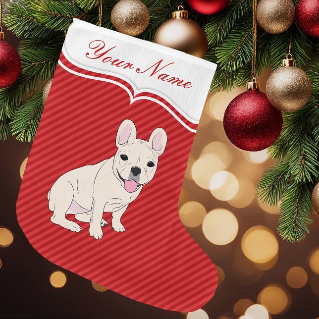 Grande Chaussette De Noël Chiffre de taureau français (Red Striped French Bulldog Personalized Christmas Stocking)
