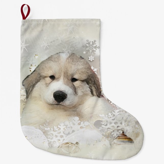 Grande Chaussette De Noël Chiot de Pyr d'aquarelle (Devant)