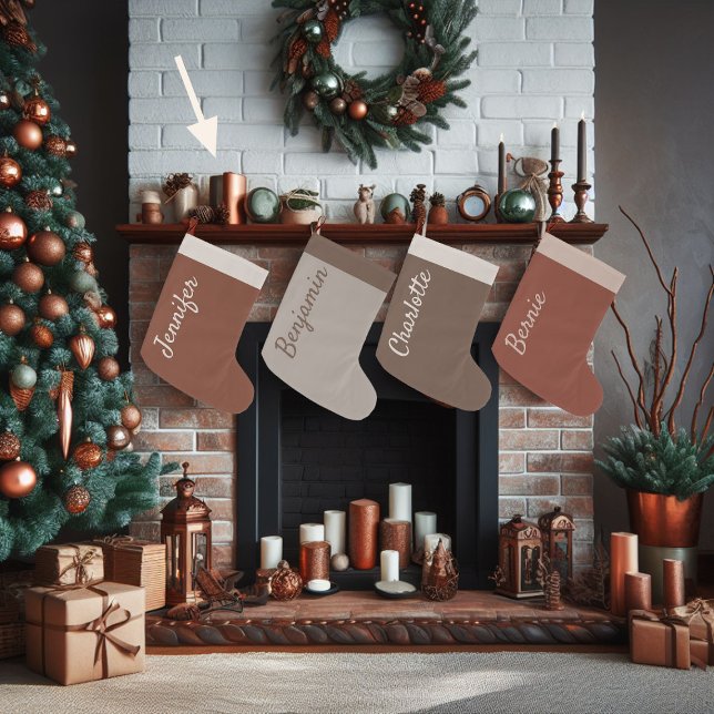 Grande Chaussette De Noël Chocolat de Noël Brown sur mesure (brown christmas stocking personalized earthy beige name calligraphy)