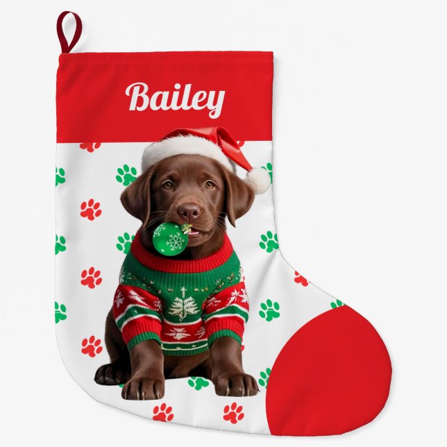 Grande Chaussette De Noël Chocolat Labrador Puppy Sweat Personnalisé (Devant)