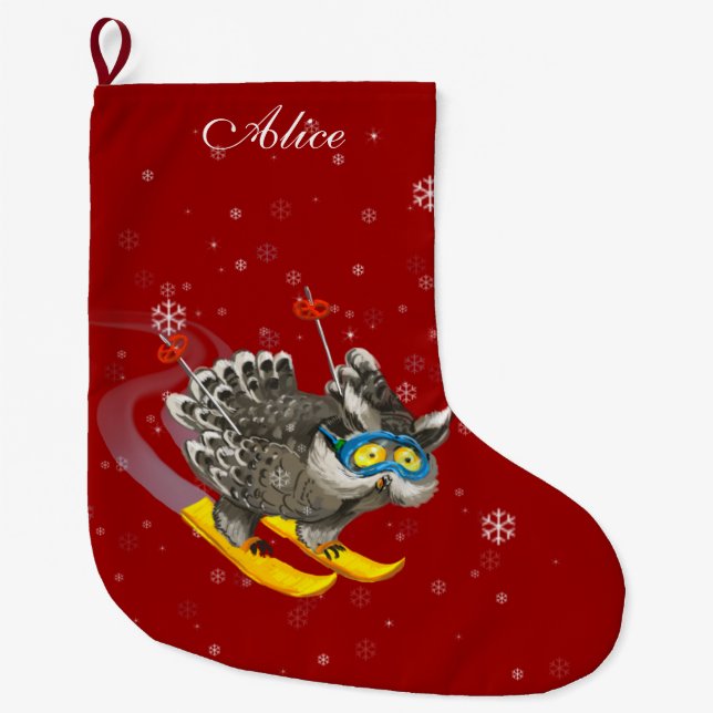 Grande Chaussette De Noël Chouette personnalisée en rouge (Devant)