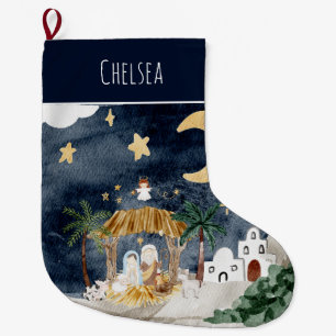 Grande Chaussette De Noël Christian Christmas Watercolor Nativité Rouge