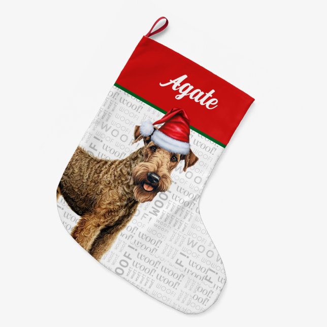 Grande Chaussette De Noël Christmas Airedale Terrier Nom Woof Arrière - plan (Devant (Accrochage))