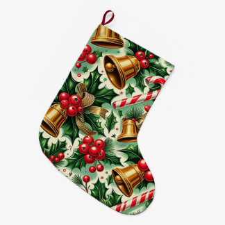 Grande Chaussette De Noël Christmas Bells holly candy canes art pattern