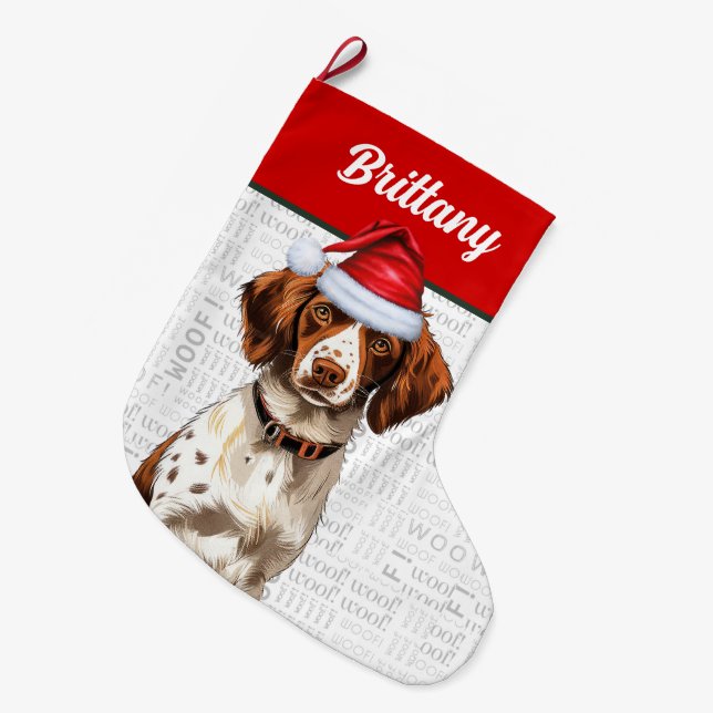 Grande Chaussette De Noël Christmas Brittany Chien avec le nom Woof Arrière  (Devant (Accrochage))
