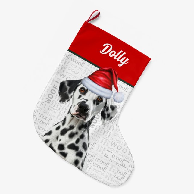 Grande Chaussette De Noël Christmas Dalmatian Dog with Name Woof Background (Devant (Accrochage))