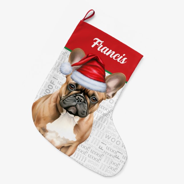 Grande Chaussette De Noël Christmas French Bulldog with Name Woof Background (Devant (Accrochage))