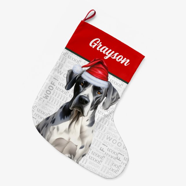 Grande Chaussette De Noël Christmas Great Dane Chien avec le nom Woof Arrièr (Devant (Accrochage))