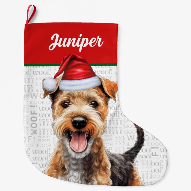 Grande Chaussette De Noël Christmas Lakeland Terrier Nom Woof Arrière - plan (Devant)
