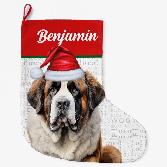 Grande Chaussette De Noël Christmas Saint Bernard Dog with Name Woof (Devant)