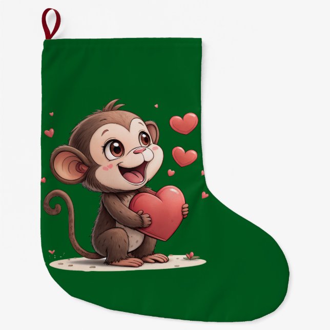 Grande Chaussette De Noël Christmas Stocking, Monkey Red Hearts Love (Devant)