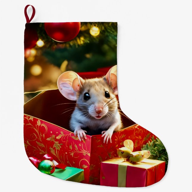 Grande Chaussette De Noël Christmas Stocking, Red Hearts Love Mouse (Devant)