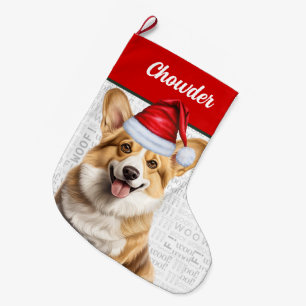 Grande Chaussette De Noël Christmas Welsh Corgi Nom Woof Arrière - plan