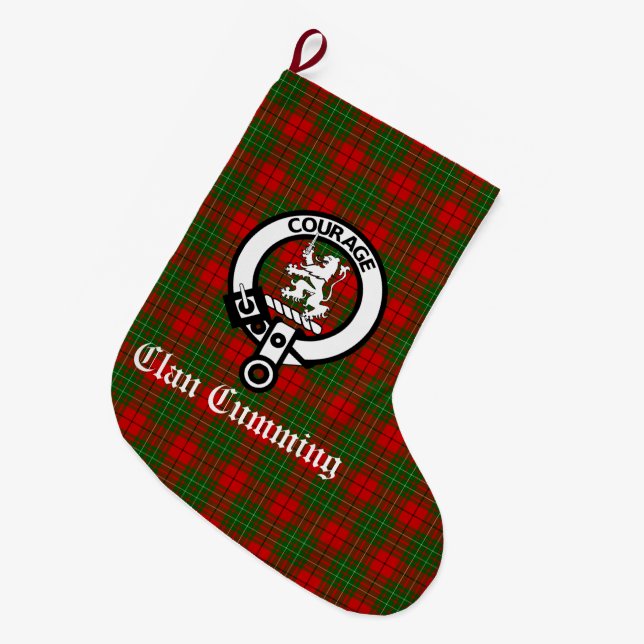Grande Chaussette De Noël Clan Cumming Crest Badge et Tartan Personnalisé (Devant (Accrochage))