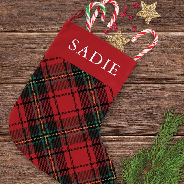 Grande Chaussette De Noël Classic Elegant Red Tartan Holiday avec nom (Créateur téléchargé)