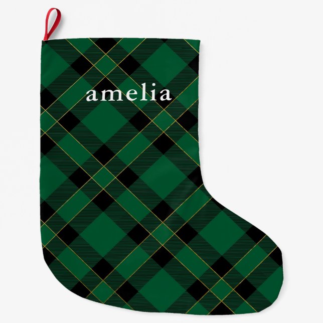 Grande Chaussette De Noël Classic Green Plaid avec nom Holiday (Devant)