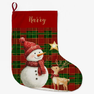 Grande Chaussette De Noël Classique Rouge Rouge Vert Or Tartan Snowman