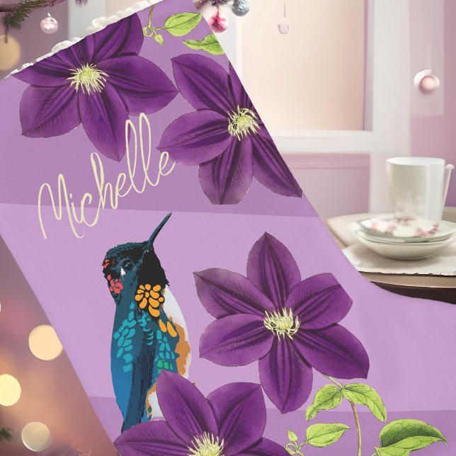 Grande Chaussette De Noël Clematis Fleur de colibri pourpre Jolie Vacances (Personalized purple Christmas stocking Hummingbird drawing & Clematis flower aesthetic holiday decor)