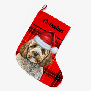 Grande Chaussette De Noël Cockapou festif et rouge patiné avec le nom du chi