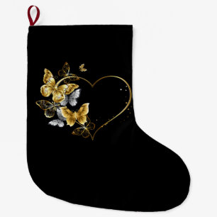 Grande Chaussette De Noël Coeur aux papillons d'or
