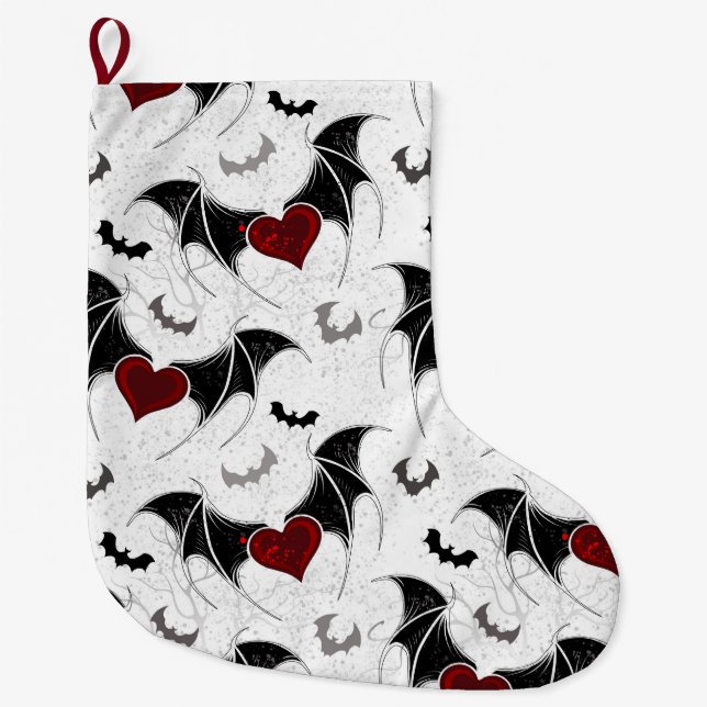 Grande Chaussette De Noël Coeur d'Halloween avec ailes de chauve-souris noir (Devant)