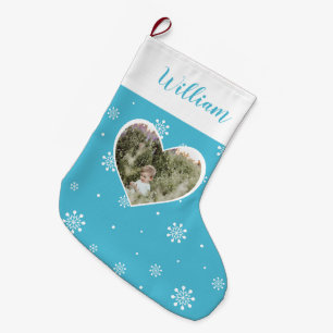 Grande Chaussette De Noël Cœur Mignon Bleu, Flocons de Neige Noël Photo Pers