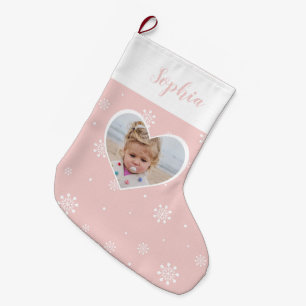 Grande Chaussette De Noël Coeur rose mignon, Snowflakes Photo personnalisée 