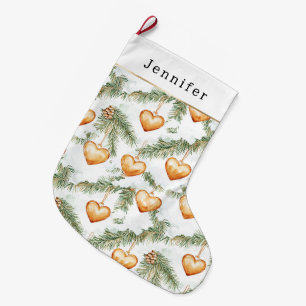 Grande Chaussette De Noël Cœurs de caramel crémeux chaud Branches de sapin d