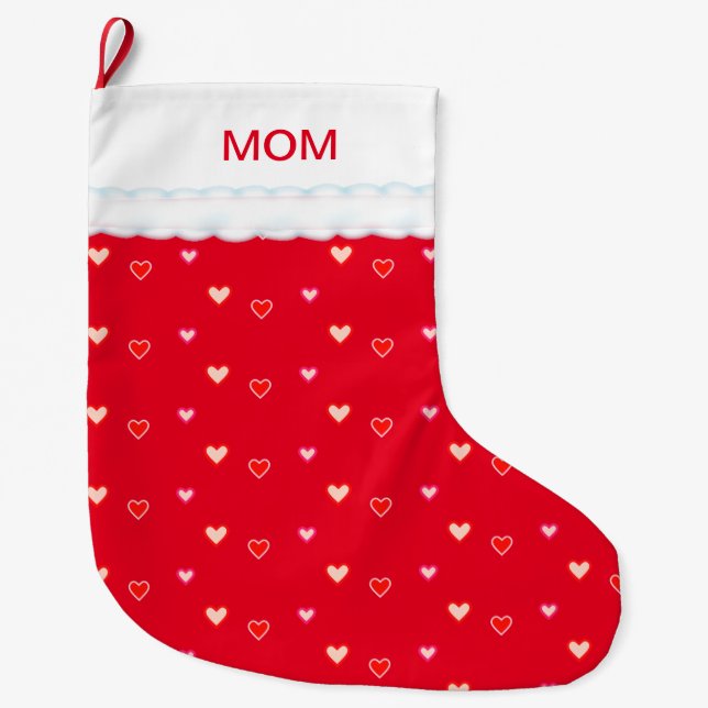 Grande Chaussette De Noël Coeurs sur Red Maman Noël Stocking (Devant)
