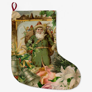 Grande Chaussette De Noël Collage de Noël Père Noël vert de l'ancien monde A